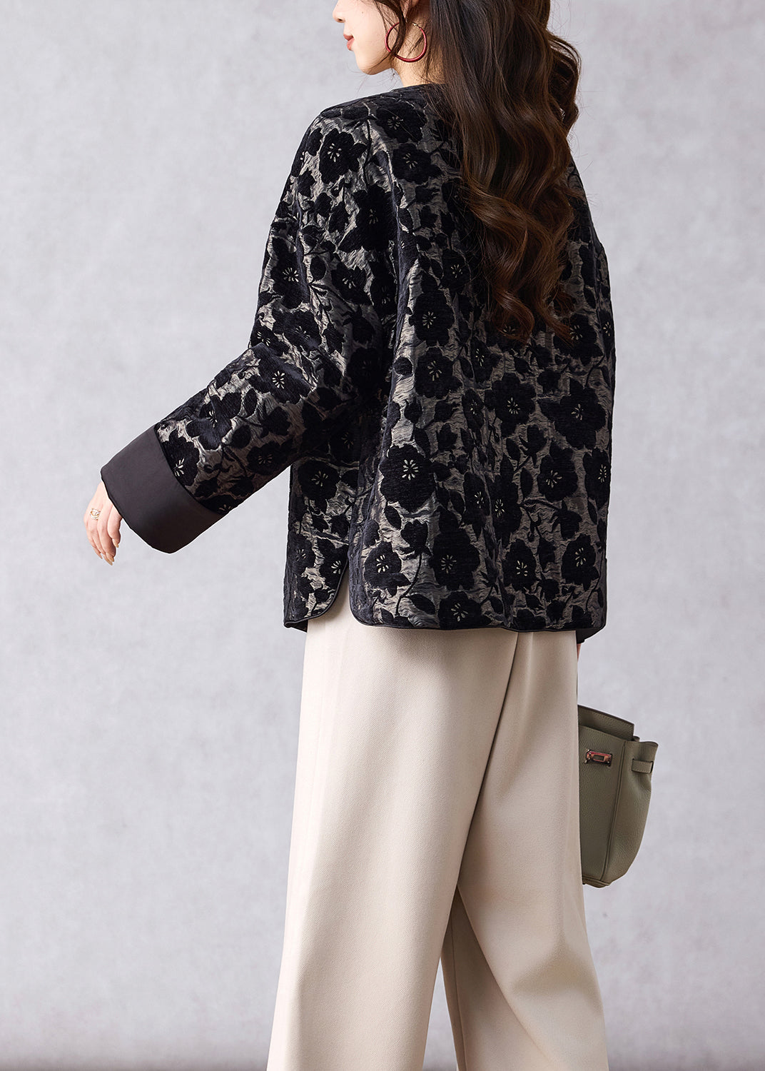 Boutique Black O Neck Jacquard Oriental Button Cotton Coat Spring