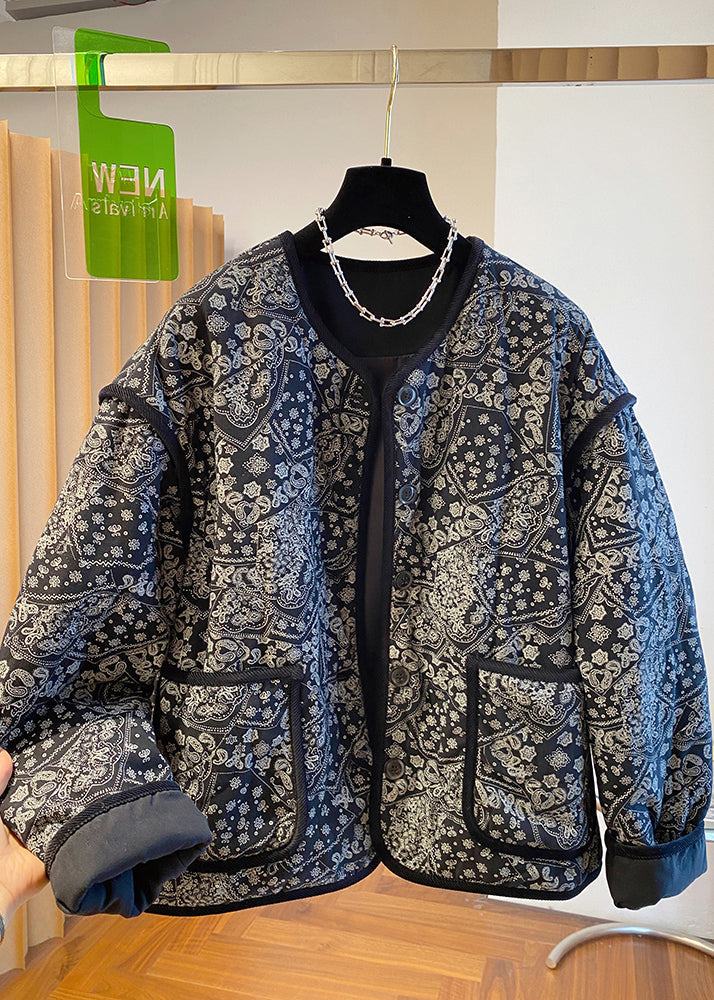 Boutique Black O Neck Pockets Print Fine Cotton Filled Jackets Fall