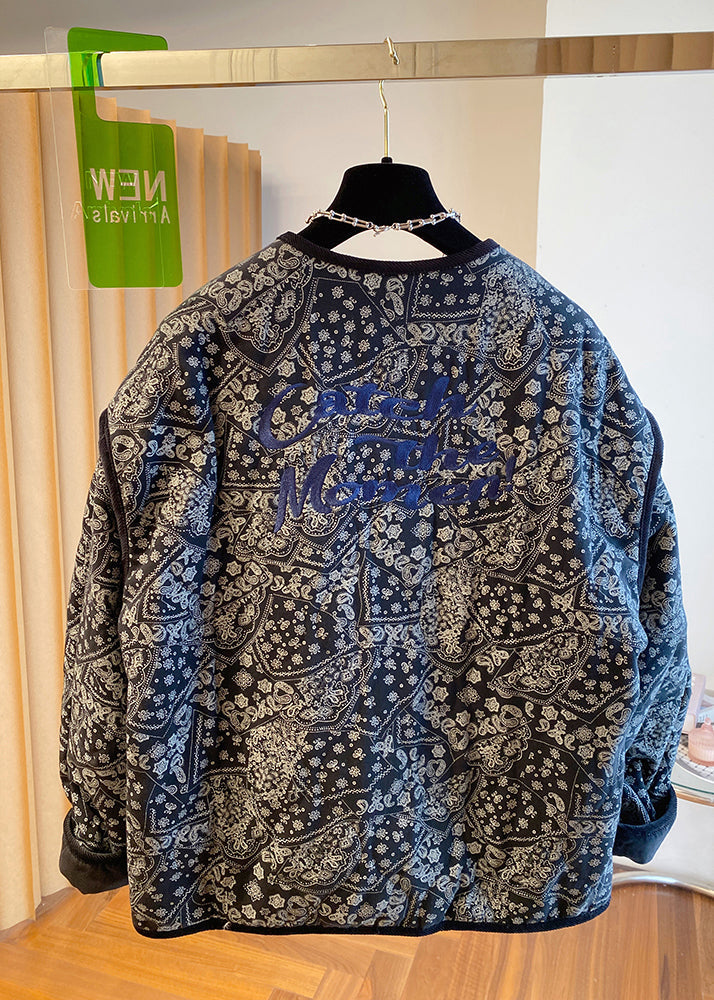Boutique Black O Neck Pockets Print Fine Cotton Filled Jackets Fall