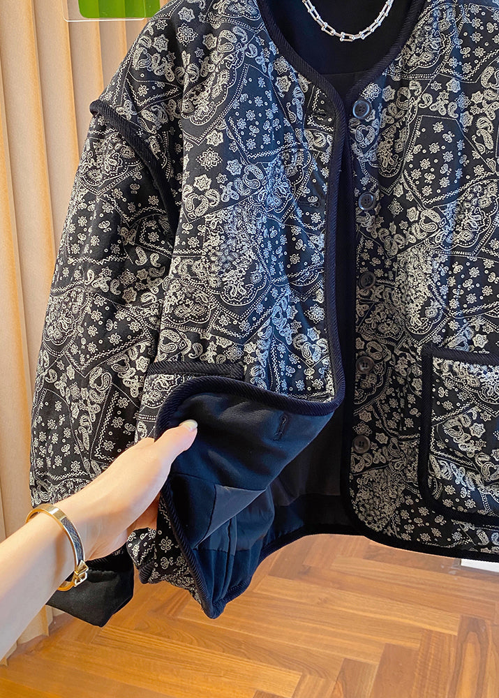 Boutique Black O Neck Pockets Print Fine Cotton Filled Jackets Fall