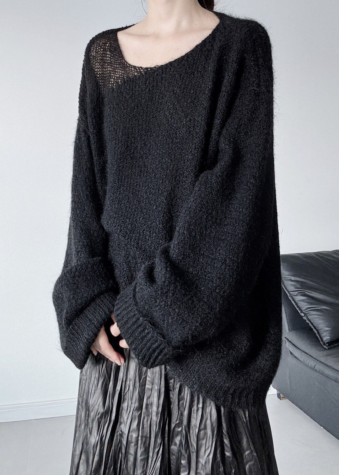 Boutique Black One Shoulder Hollow Out Knit Sweater Tops Winter