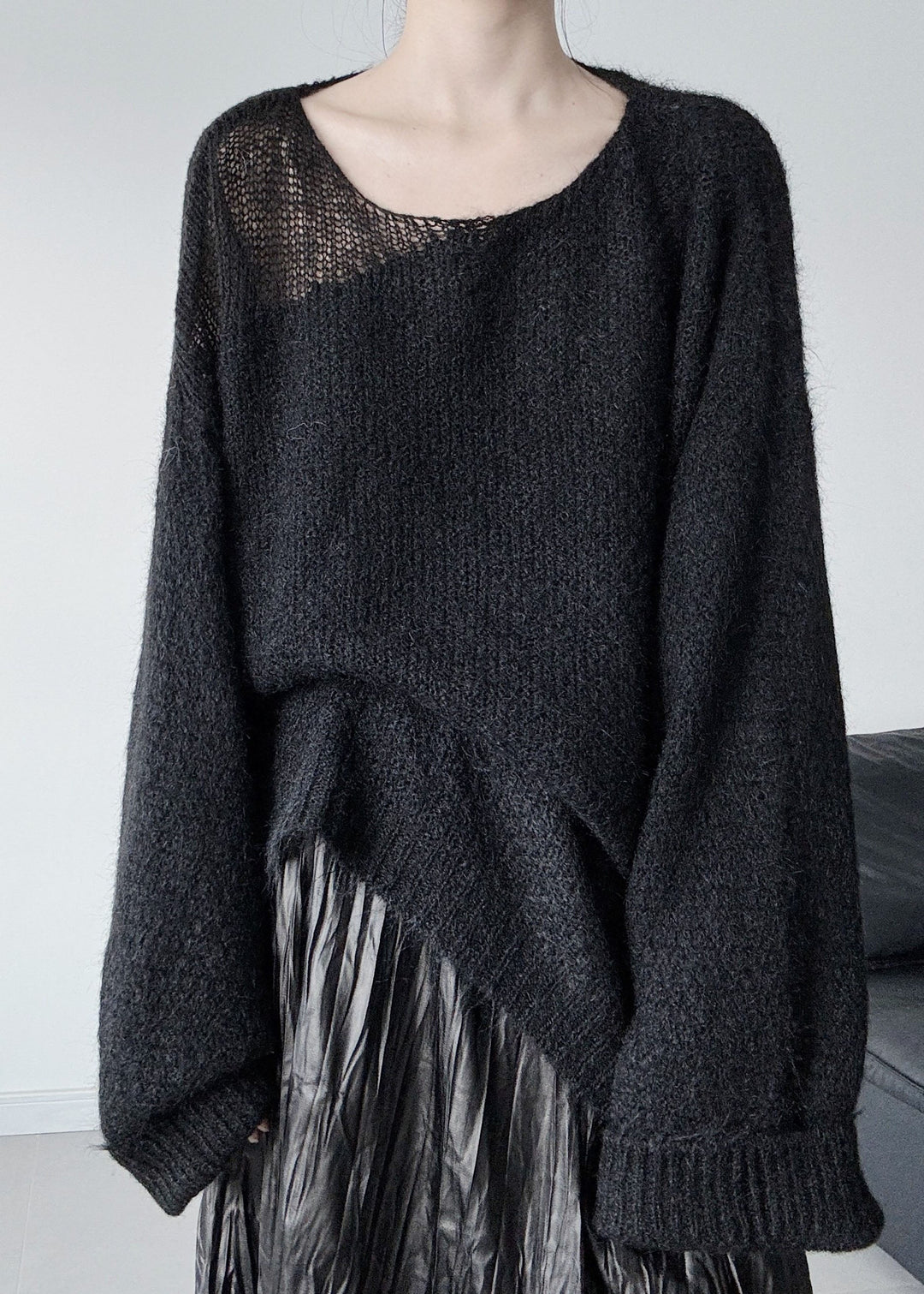 Boutique Black One Shoulder Hollow Out Knit Sweater Tops Winter