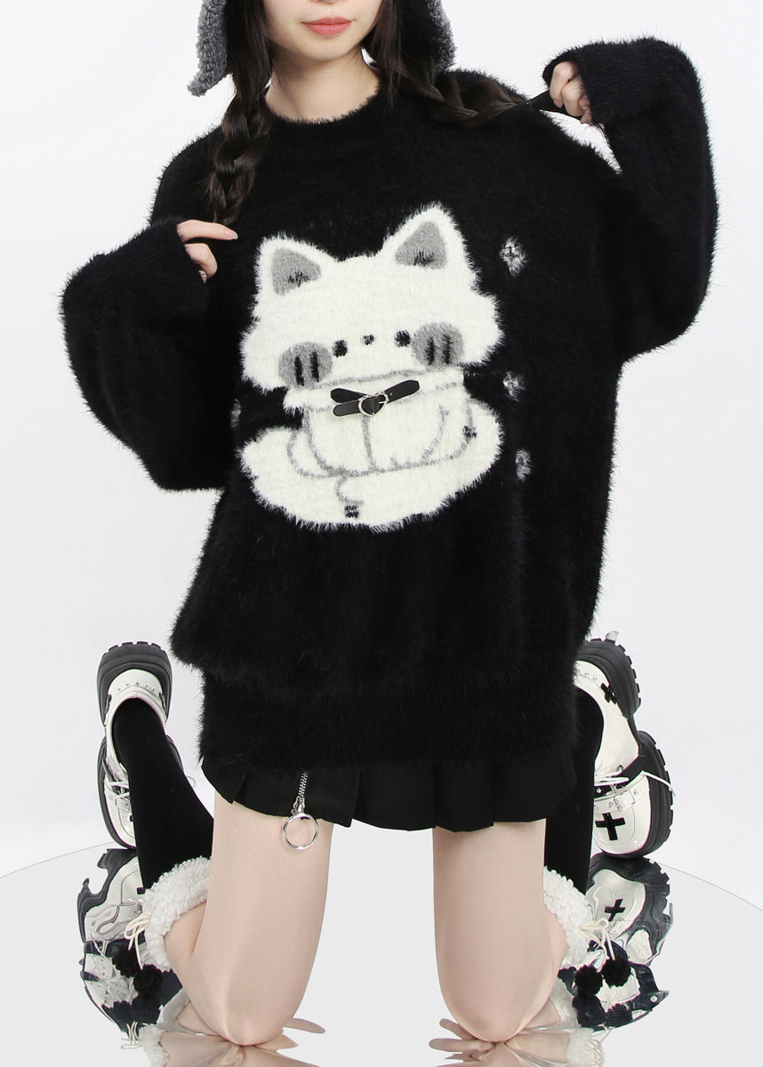 Boutique Black Oversized Cute Cat Faux Mink Hair Knit Short Sweater Winter