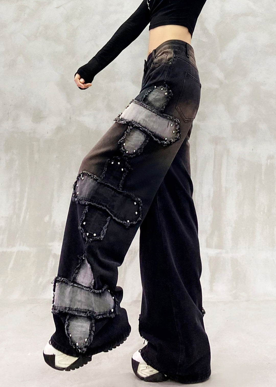 Boutique Black Oversized Patchwork Rivet Denim Straigh Pants Spring