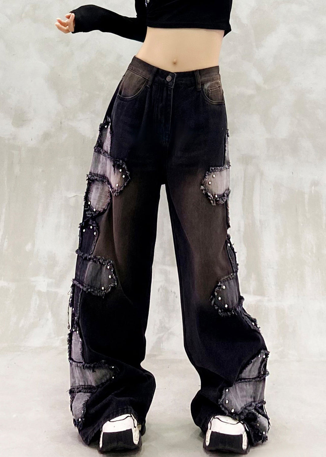 Boutique Black Oversized Patchwork Rivet Denim Straigh Pants Spring