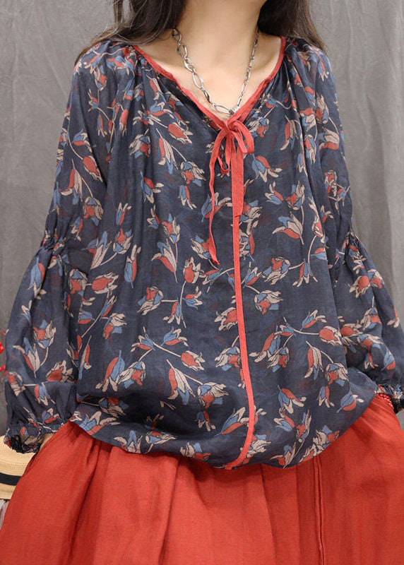 Boutique Black Oversized Print Cotton Blouses Fall