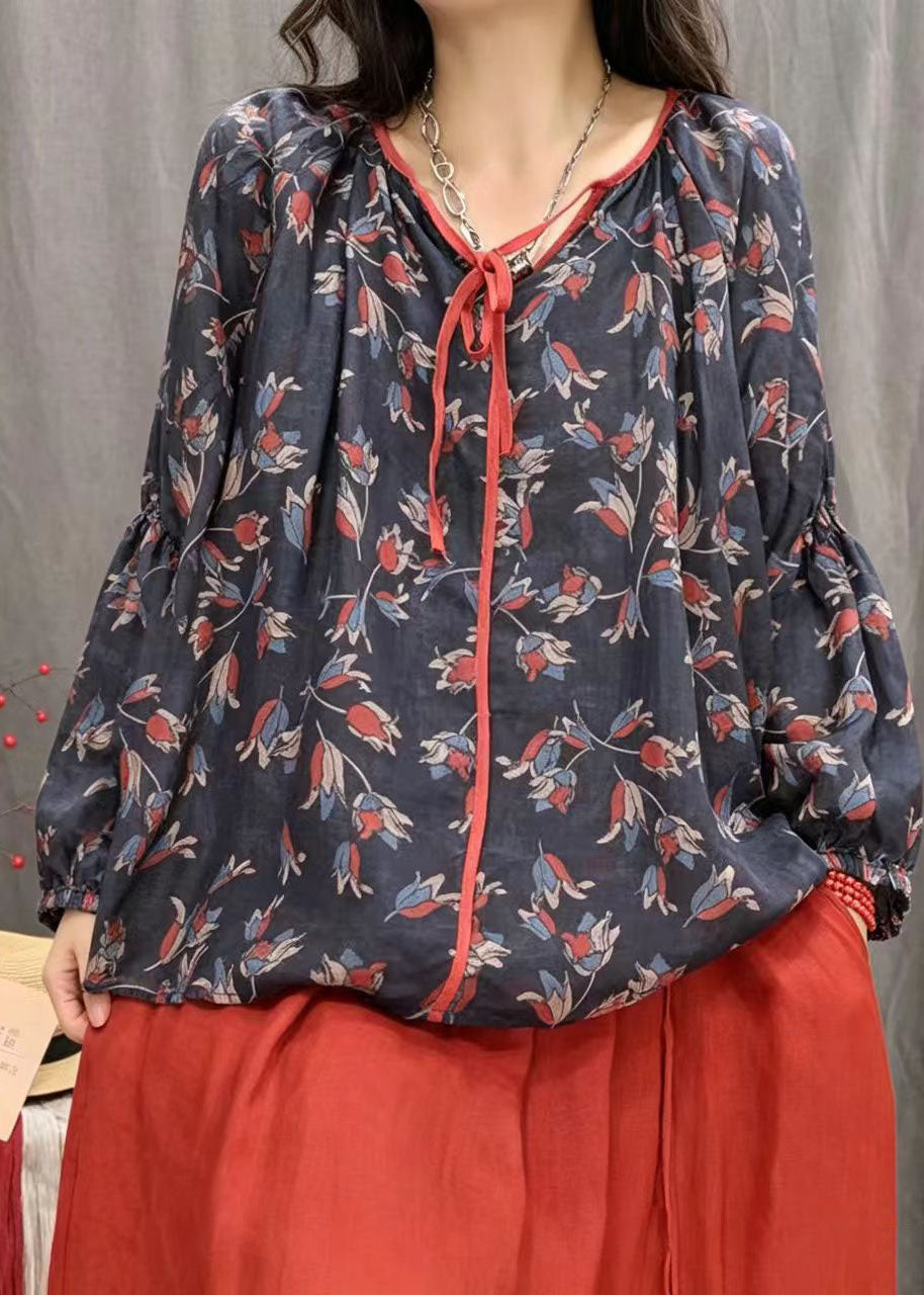 Boutique Black Oversized Print Cotton Blouses Fall