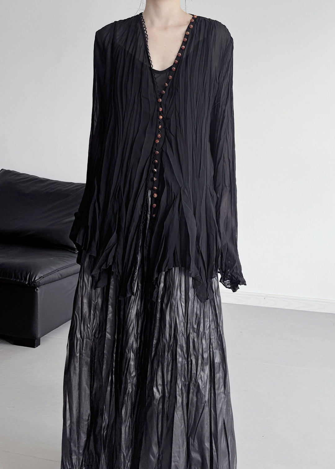 Boutique Black Oversized Wrinkled Chiffon Blouse Top Flare Sleeve