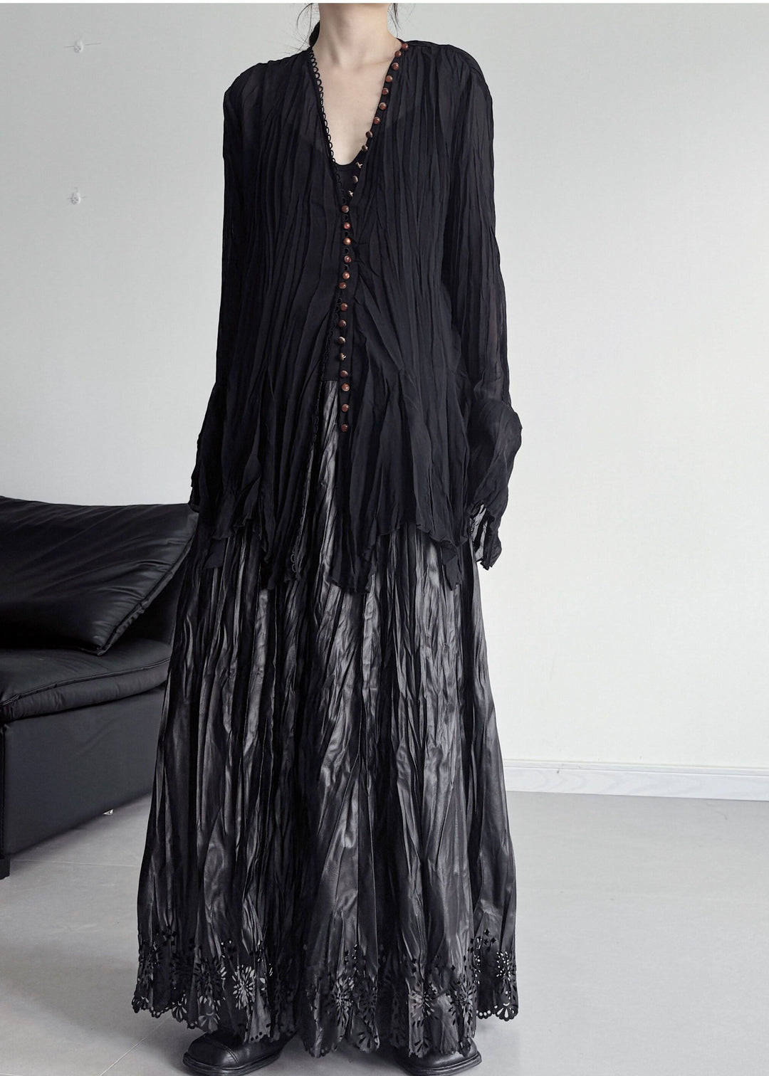 Boutique Black Oversized Wrinkled Chiffon Blouse Top Flare Sleeve