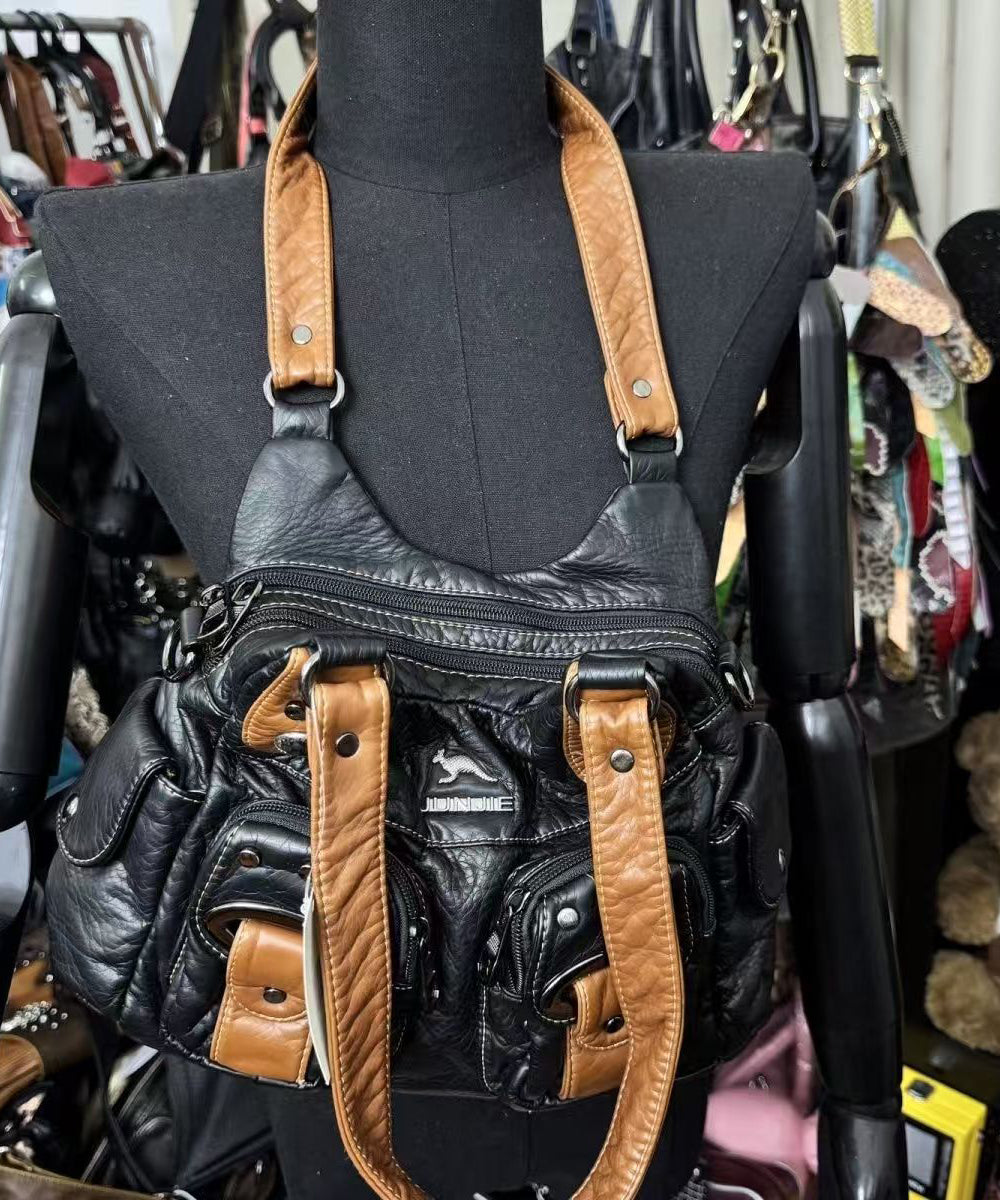 Boutique Black Patchwork Pockets Durable Faux Leather Shoulder Bags