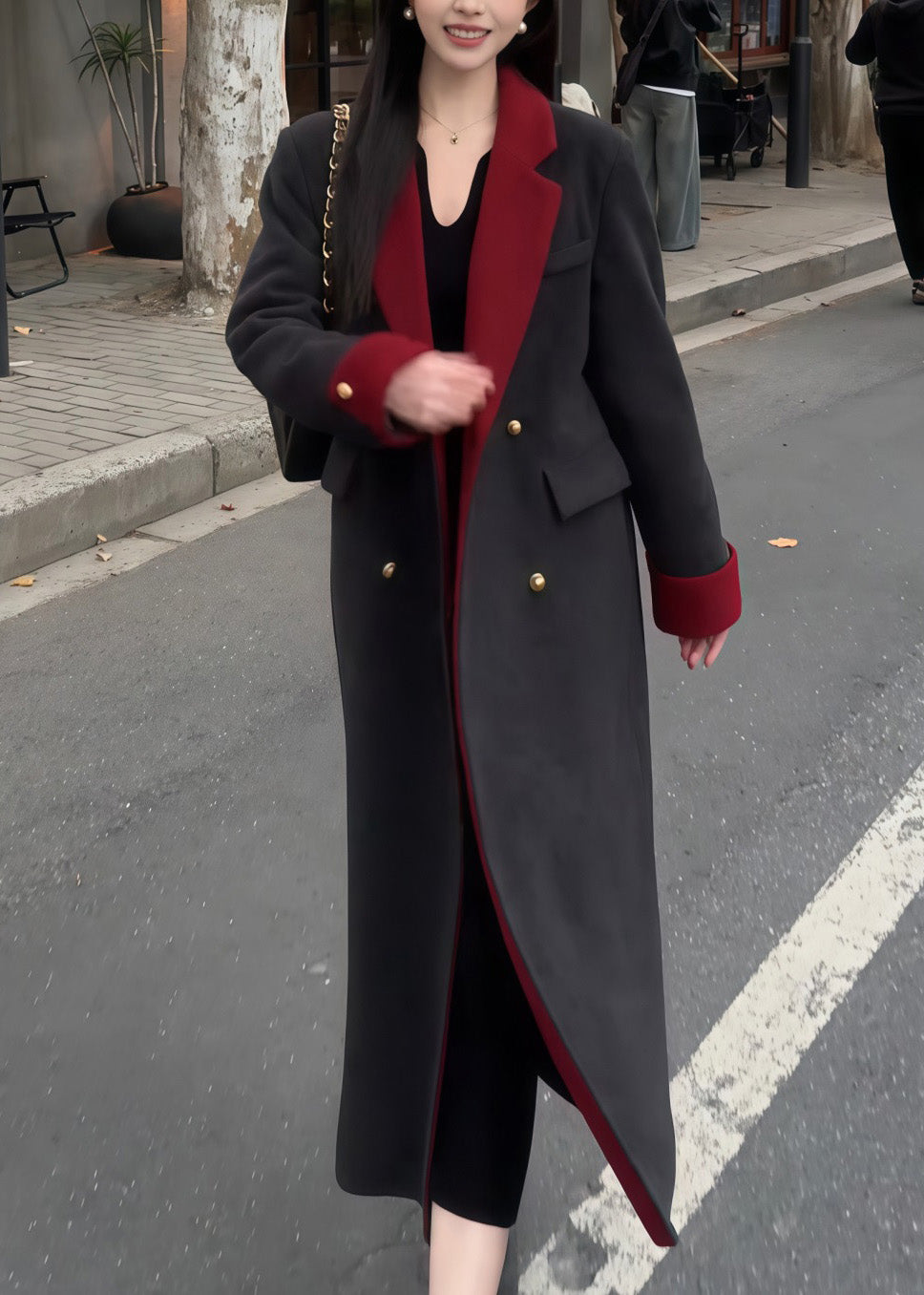 Boutique Black Peter Pan Collar Pockets Woolen Coat Spring