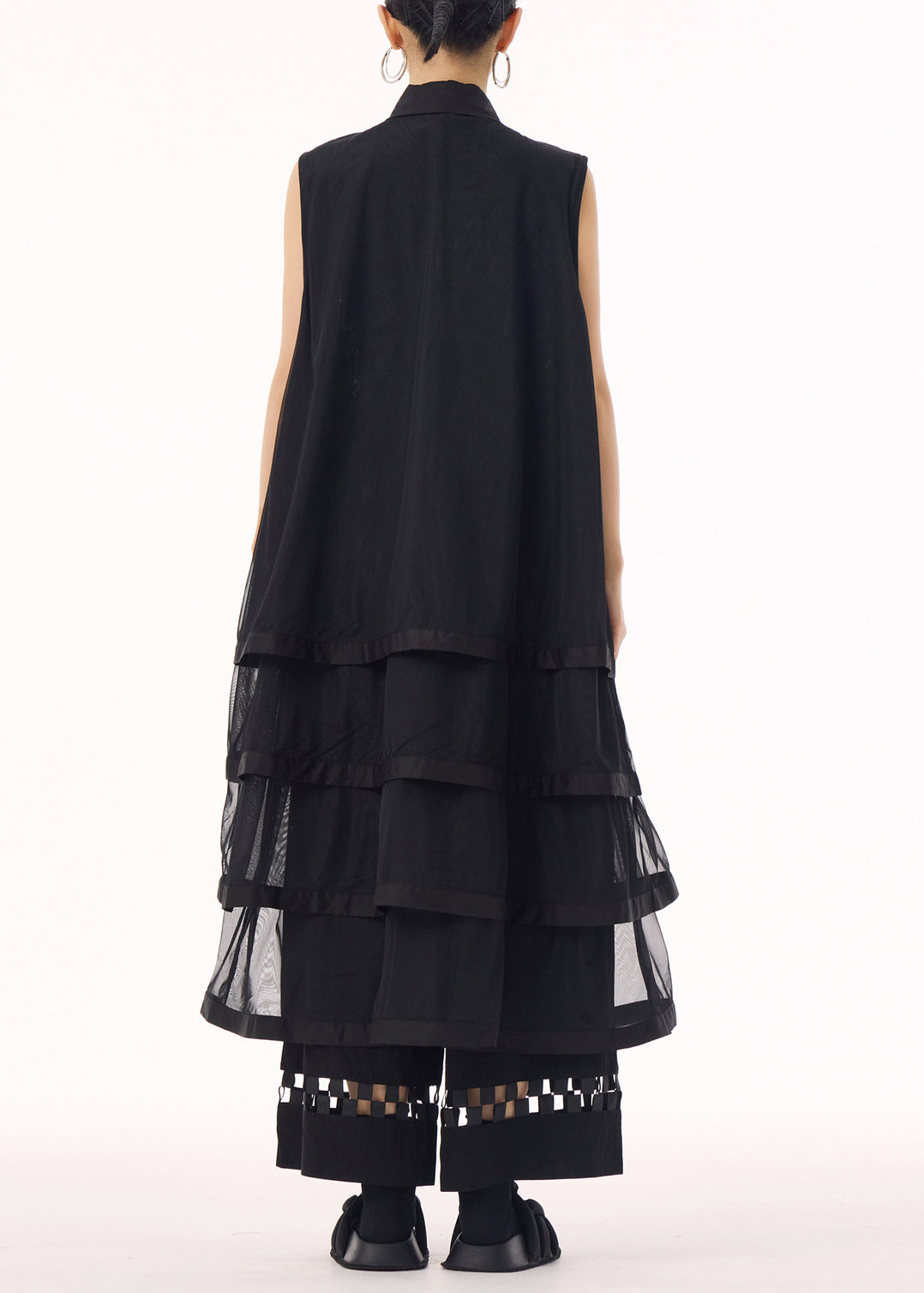 Boutique Black Peter Pan Collar Tulle Layered Patchwork Cotton Dress Summer