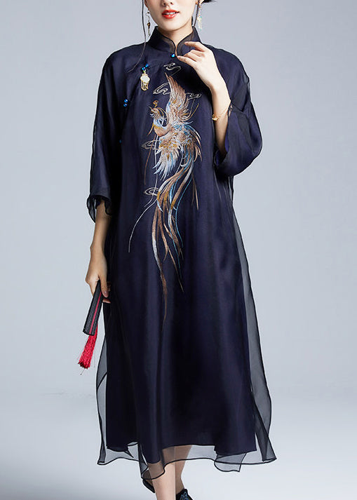 Boutique Black Phoenix Embroidered Silk Long Dress Summer