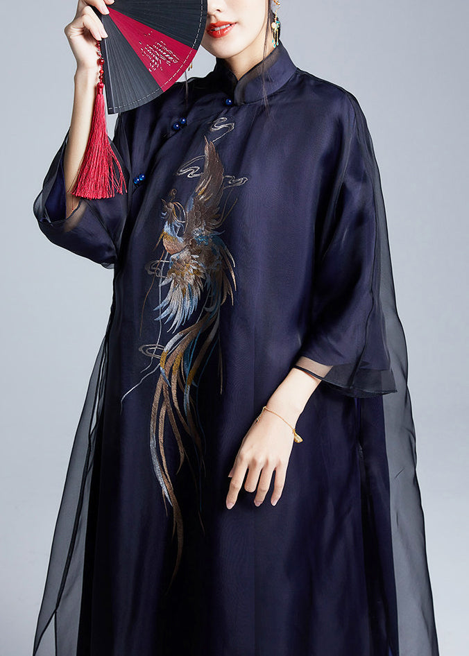 Boutique Black Phoenix Embroidered Silk Long Dress Summer