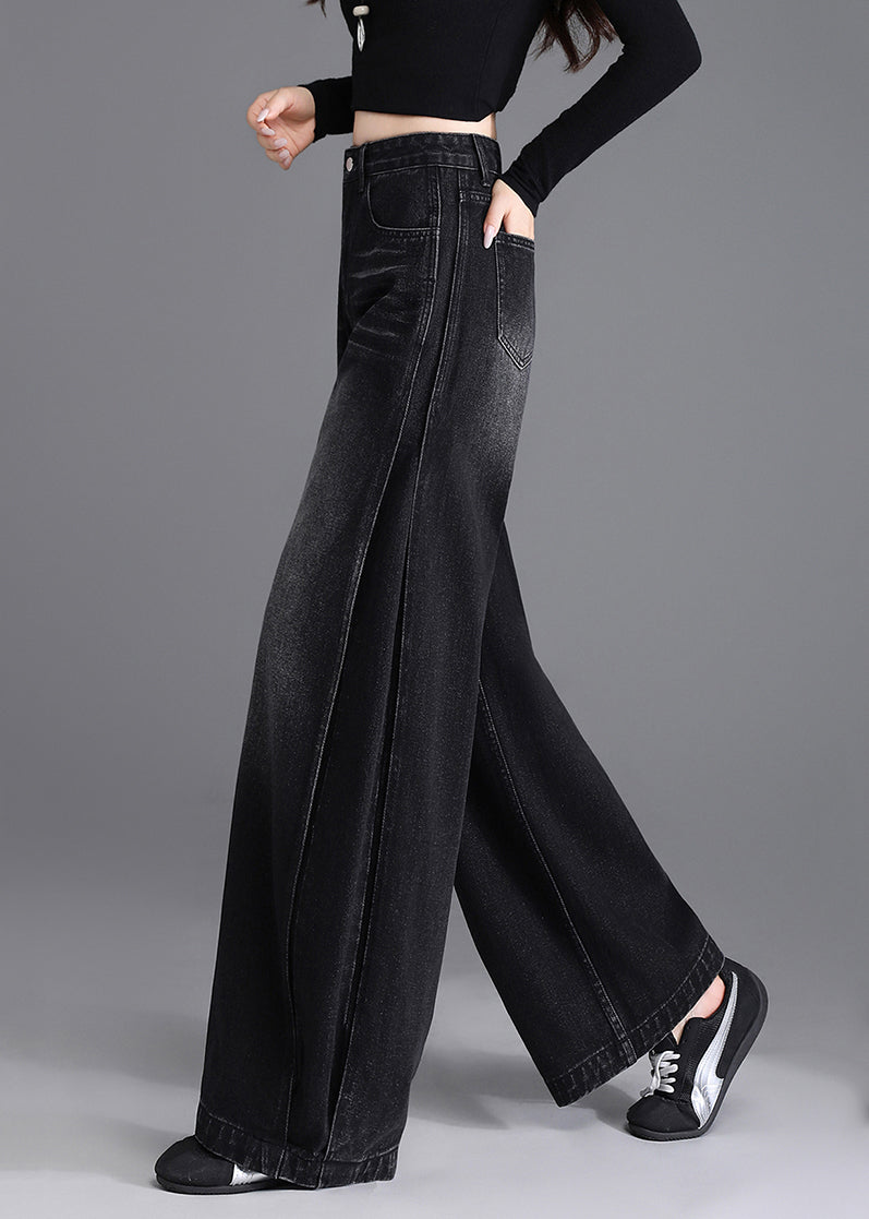 Boutique Black Pockets Denim Wide Leg Pants Spring