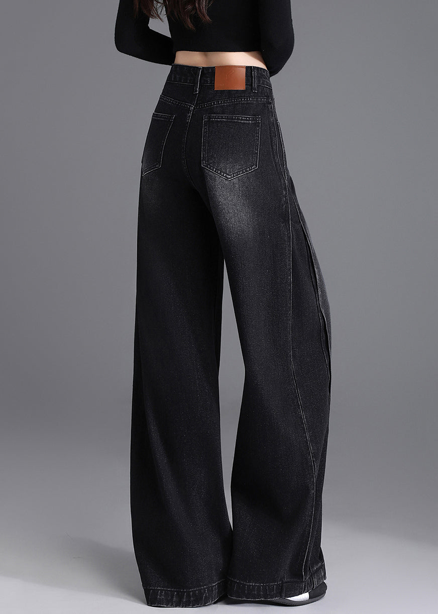 Boutique Black Pockets Denim Wide Leg Pants Spring