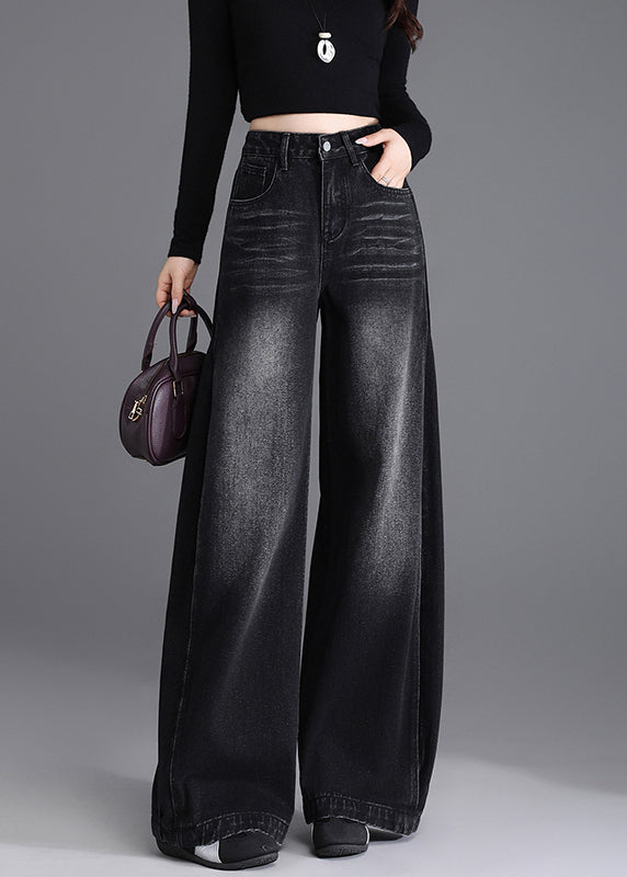 Boutique Black Pockets Denim Wide Leg Pants Spring