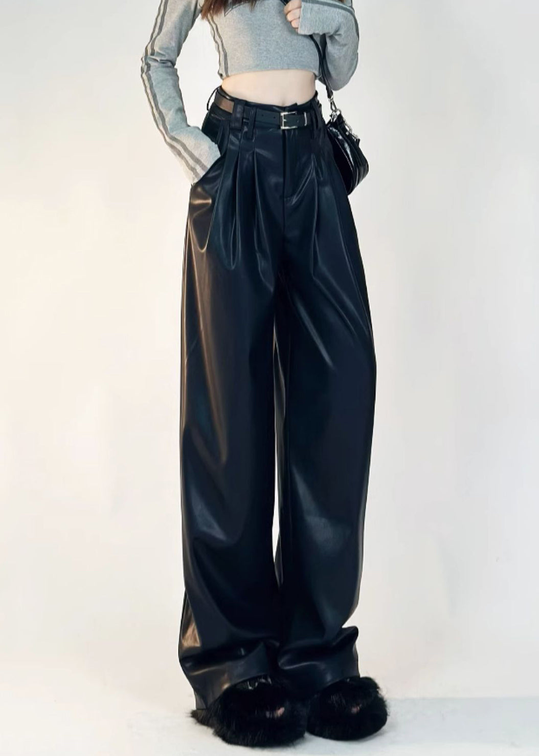 Boutique Black Pockets Solid Warm Fleece Faux Leather Pants
