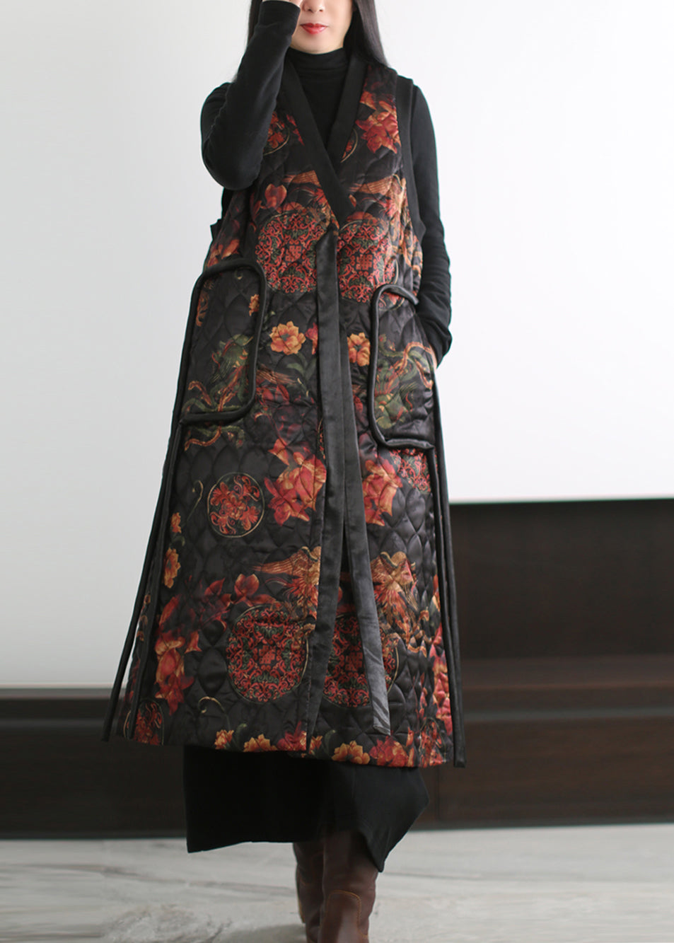 Boutique Black Print Fine Cotton Filled Vests Winter