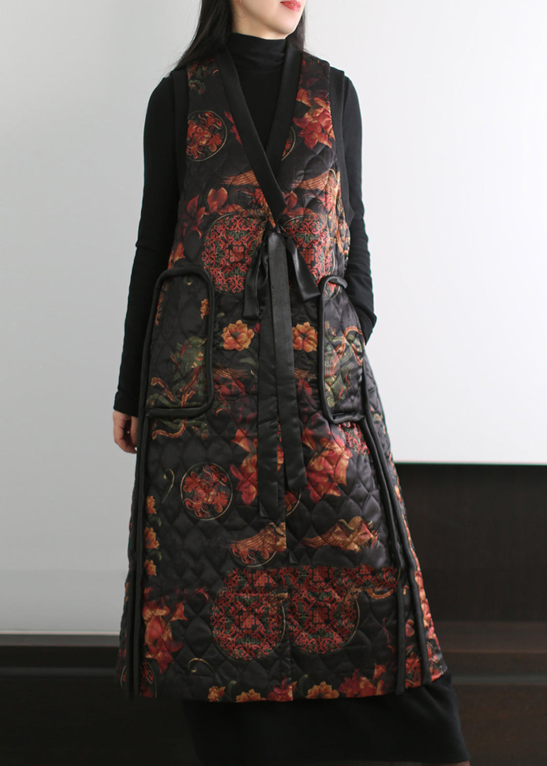 Boutique Black Print Fine Cotton Filled Vests Winter