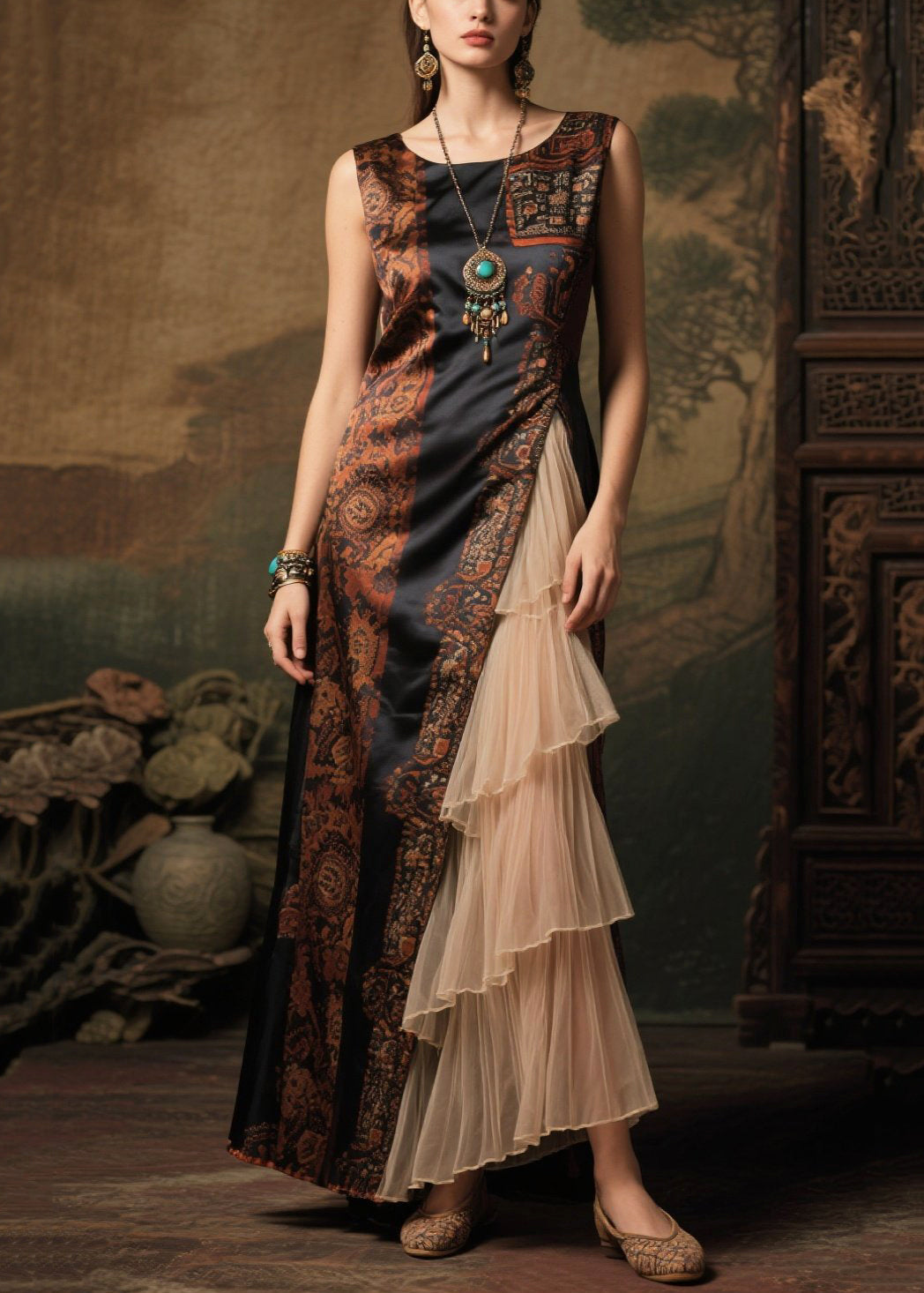 Boutique Black Print Ruffles Patchwork Silk Evening Dresses Sleeveless