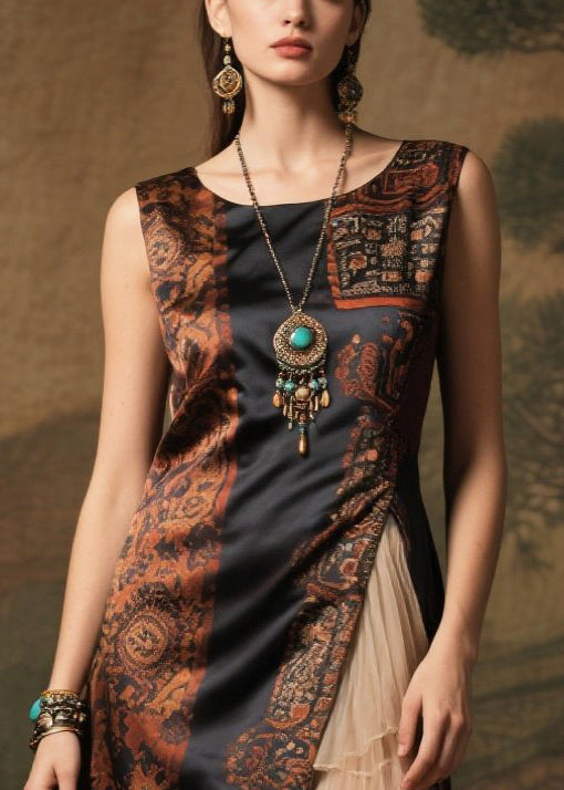 Boutique Black Print Ruffles Patchwork Silk Evening Dresses Sleeveless