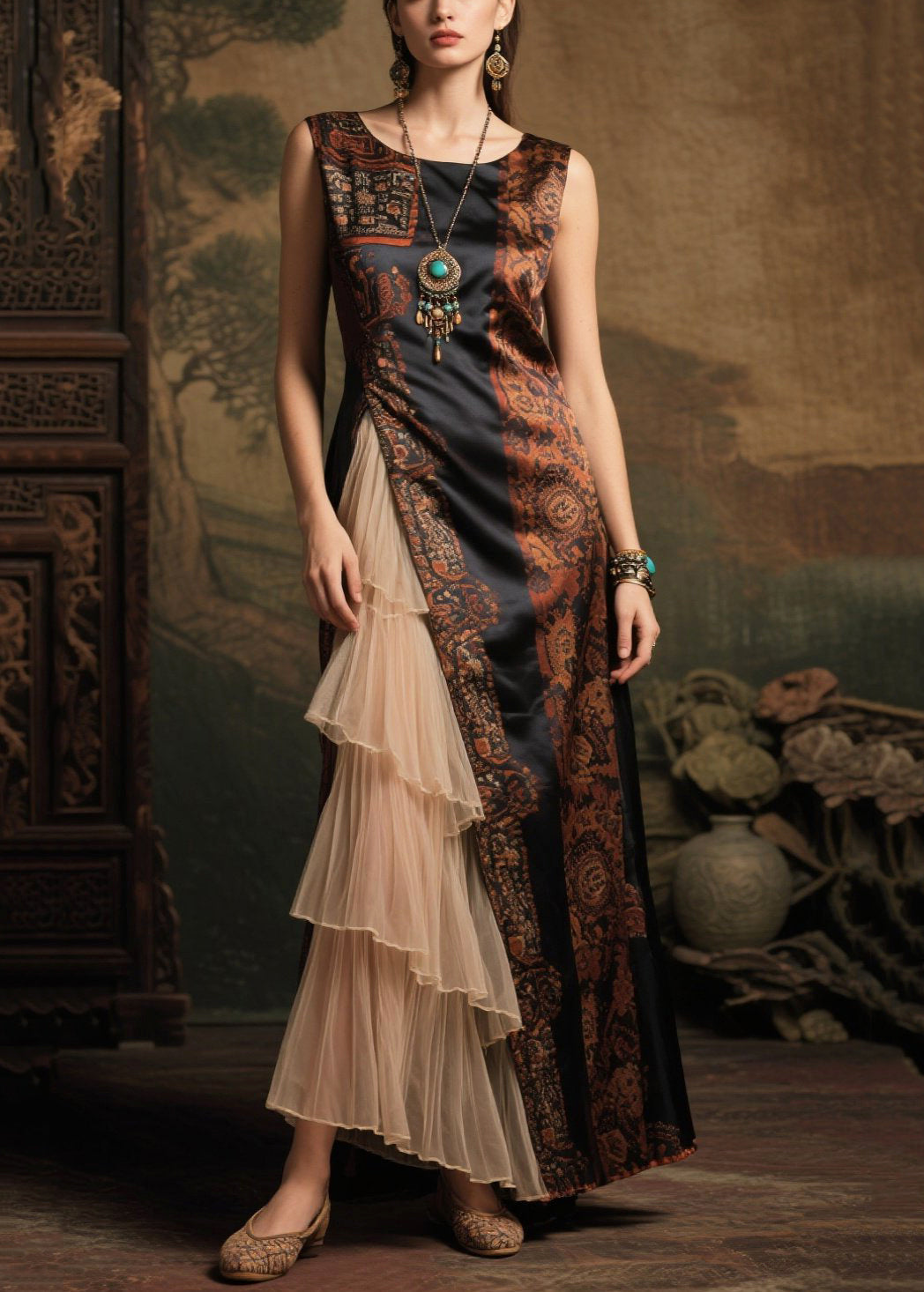 Boutique Black Print Ruffles Patchwork Silk Evening Dresses Sleeveless