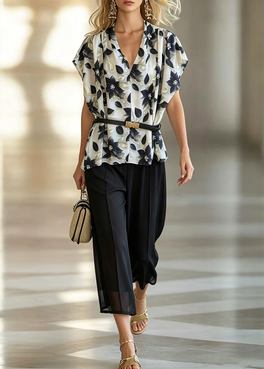 Boutique Black Print Sashes Chiffon Shirt And Crop Pants Two Piece Set Summer