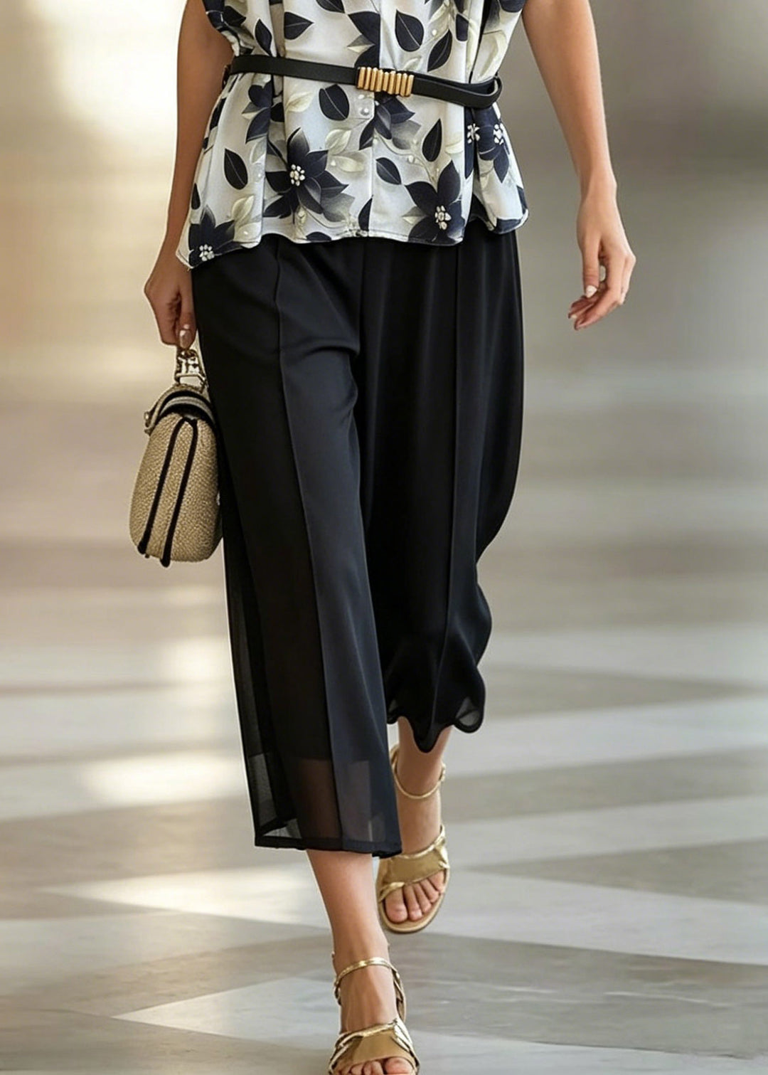 Boutique Black Print Sashes Chiffon Shirt And Crop Pants Two Piece Set Summer