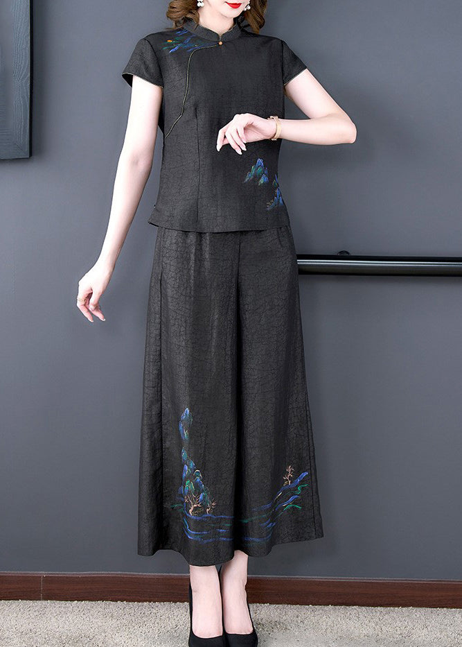 Boutique Black Print Tops And Pants Silk Two Pieces Set Spring