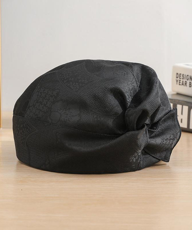 Boutique Black Print Wrinkled Silk Beret Hat