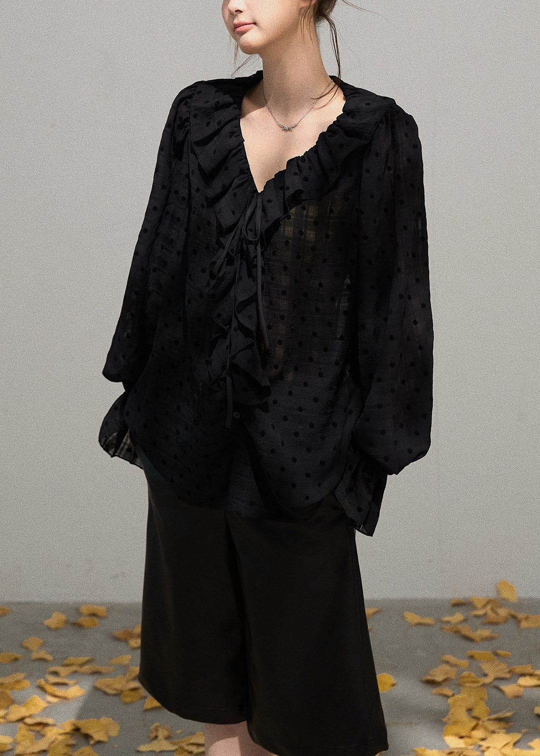 Boutique Black Ruffled Oversized Cotton Blouse Tops Fall