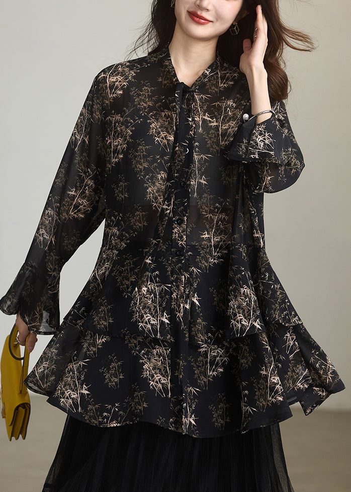 Boutique Black Ruffled Print Chiffon Shirts Spring