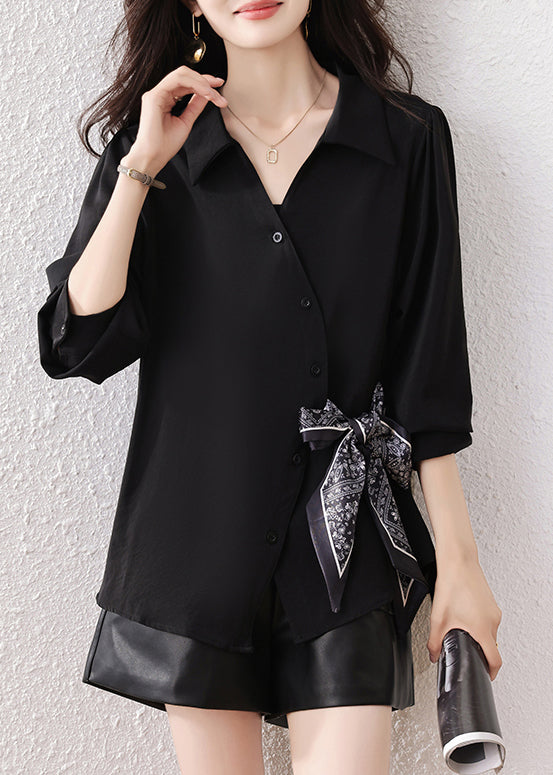 Boutique Black Scarf Tie Waist Cotton Shirts Fall