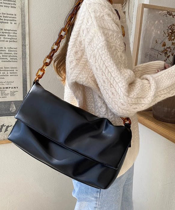 Boutique Black Solid Durable Leather Flap Bag