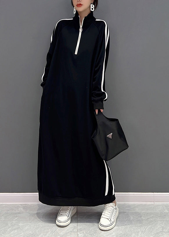 Boutique Black Stand Collar Zip Up Cotton Sweatshirt Dress Spring