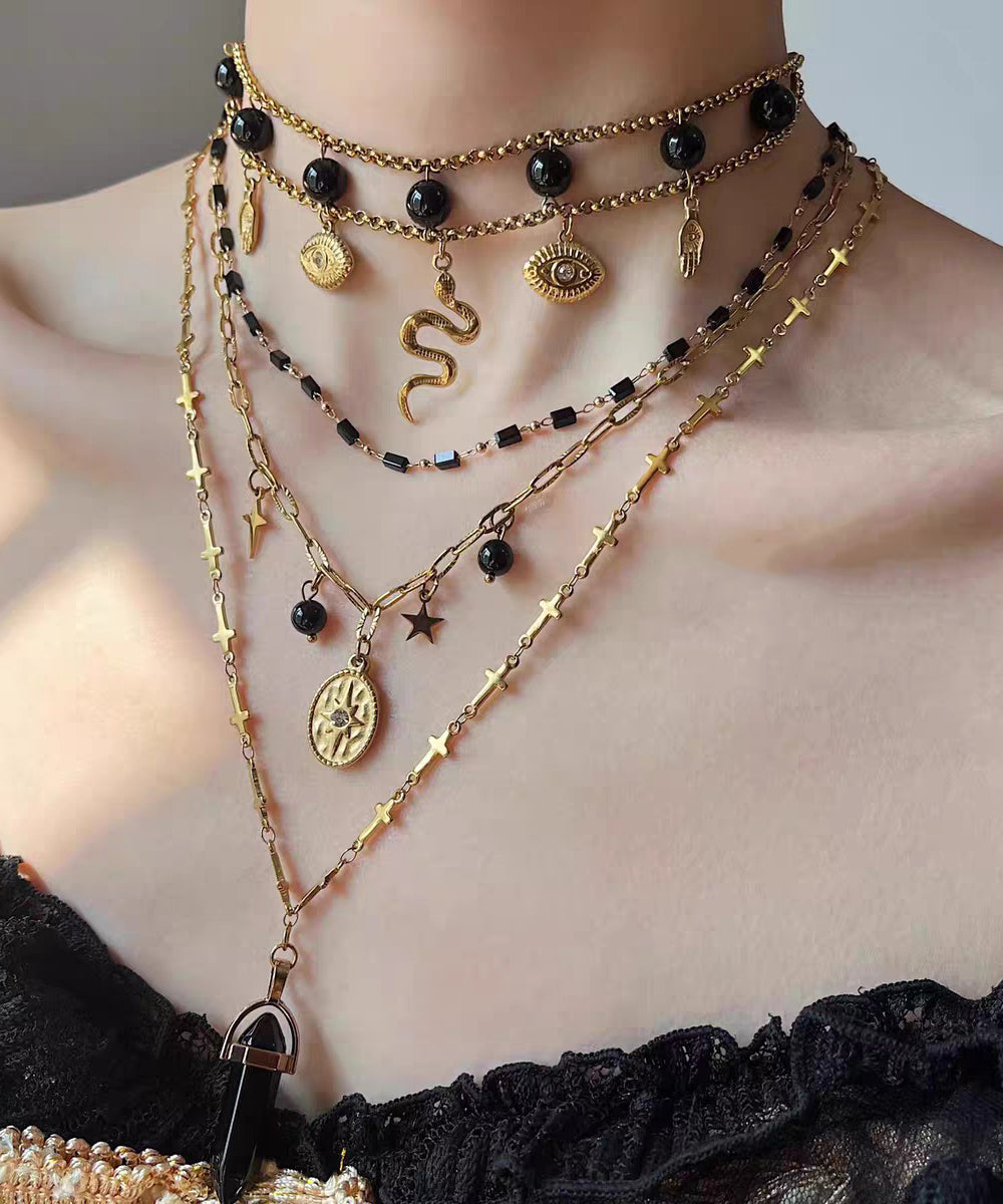 Boutique Black Sterling Silver Overgild Agate Pendant Necklace Three-Piece Set