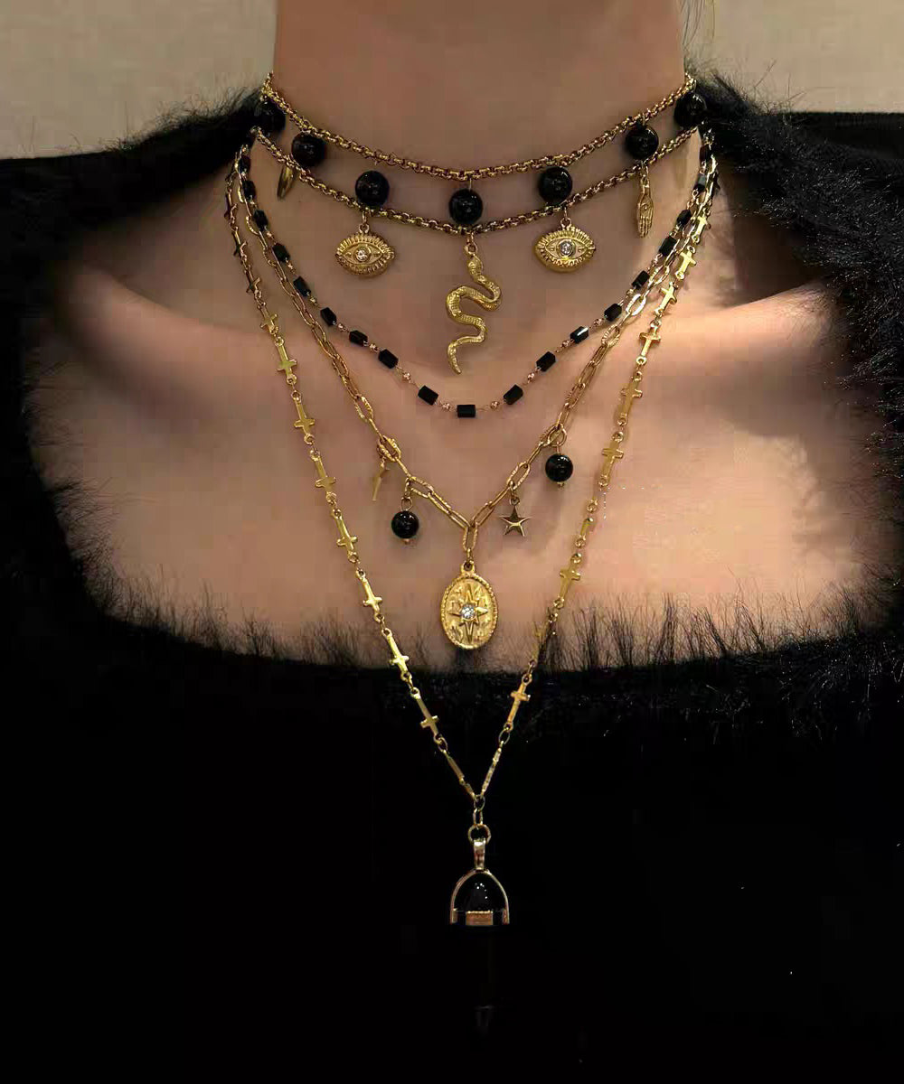 Boutique Black Sterling Silver Overgild Agate Pendant Necklace Three-Piece Set