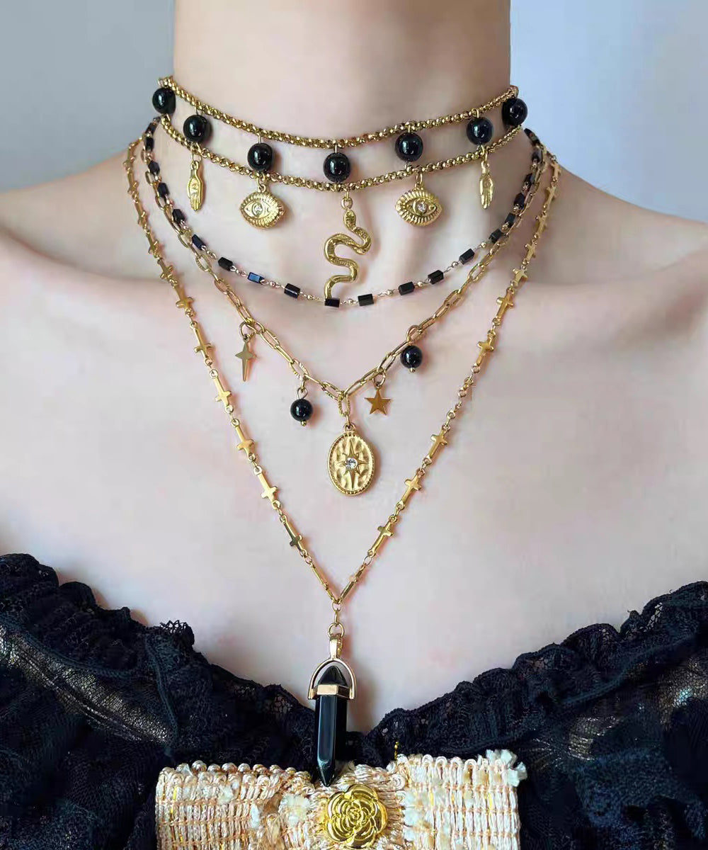 Boutique Black Sterling Silver Overgild Agate Pendant Necklace Three-Piece Set