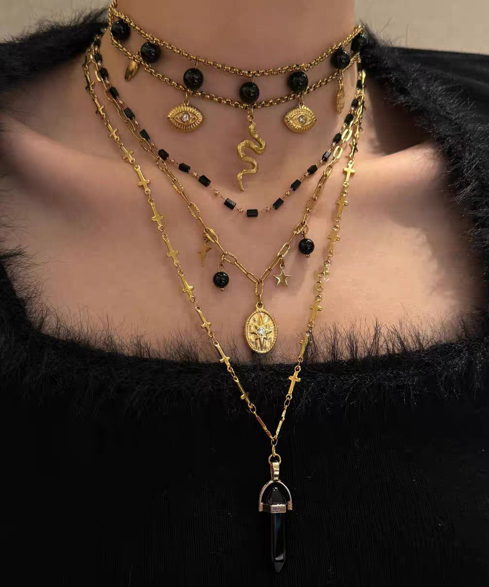 Boutique Black Sterling Silver Overgild Agate Pendant Necklace Three-Piece Set