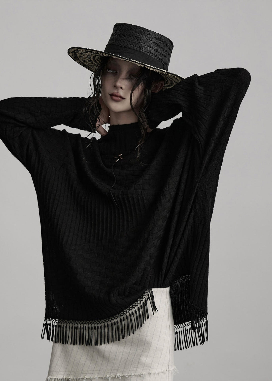 Boutique Black Tasseled Asymmetrical Woolen Knit Top Winter