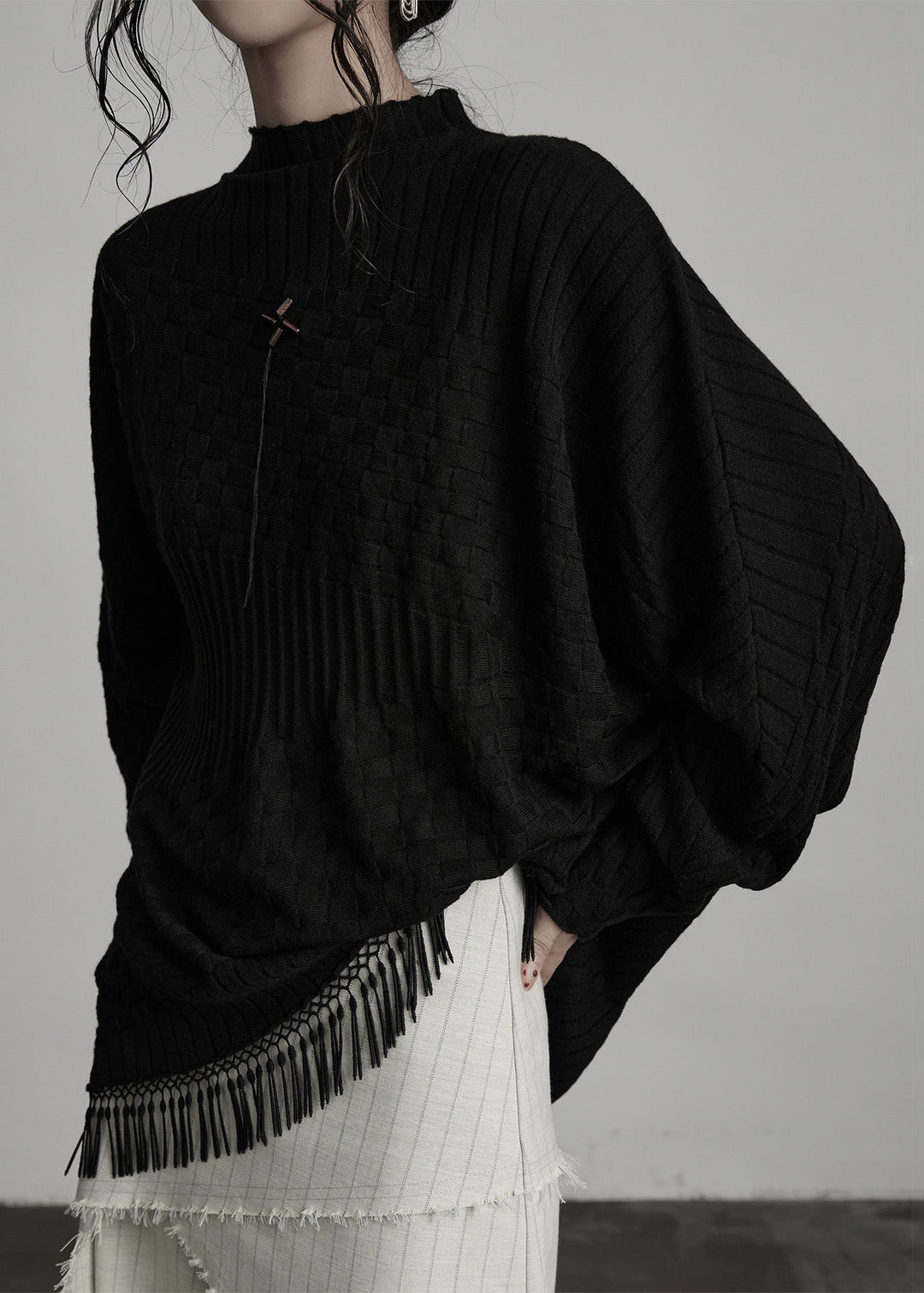 Boutique Black Tasseled Asymmetrical Woolen Knit Top Winter