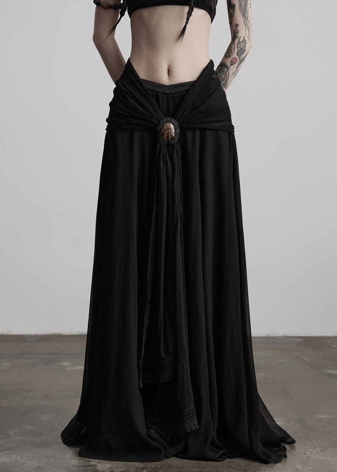 Boutique Black Tasseled Patchwork Exra Large Hem Silk Skirts Fall