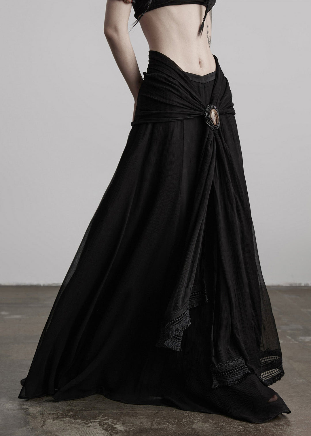 Boutique Black Tasseled Patchwork Exra Large Hem Silk Skirts Fall