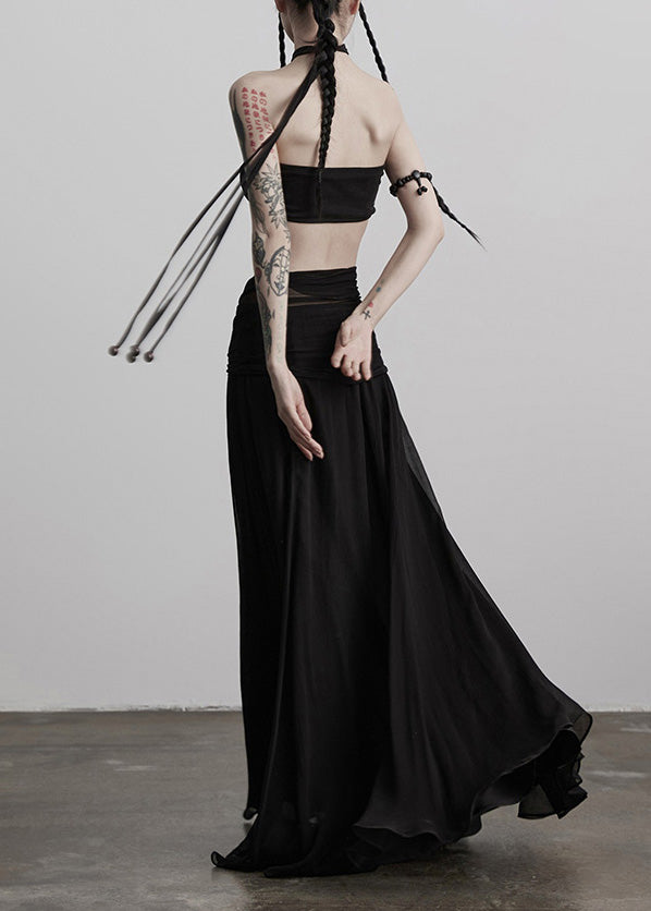 Boutique Black Tasseled Patchwork Exra Large Hem Silk Skirts Fall