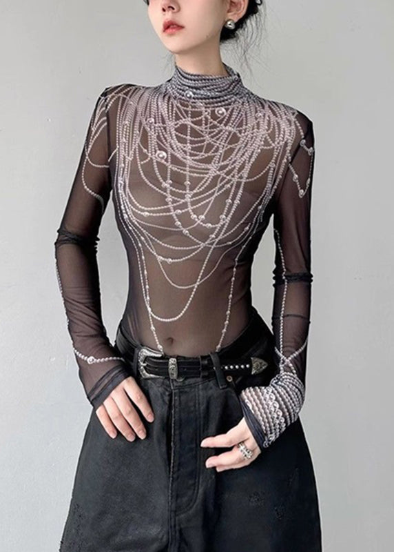Boutique Black Turtleneck Pearl Print Tulle Top Spring