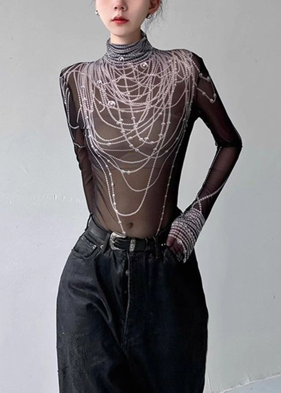 Boutique Black Turtleneck Pearl Print Tulle Top Spring