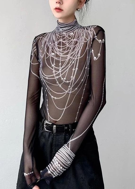 Boutique Black Turtleneck Pearl Print Tulle Top Spring