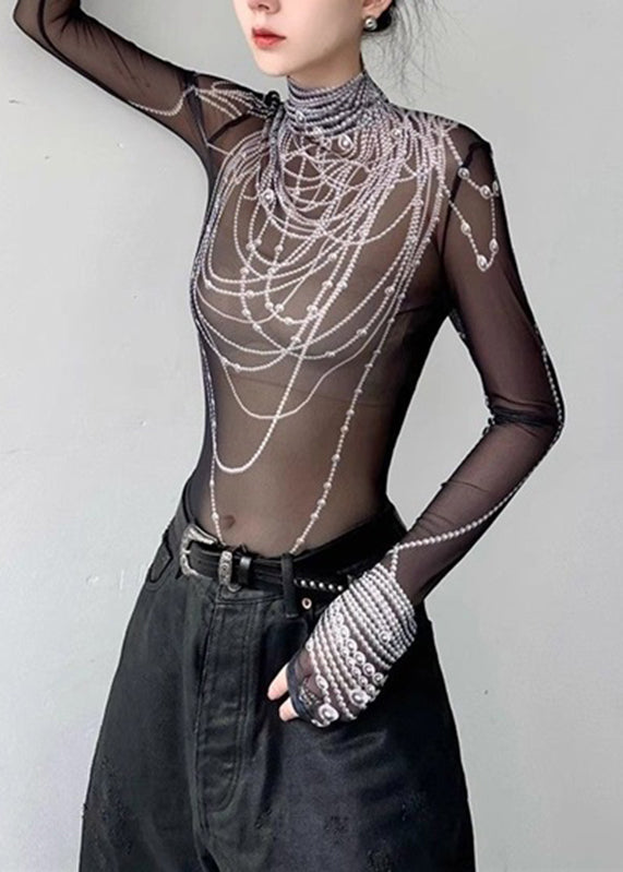 Boutique Black Turtleneck Pearl Print Tulle Top Spring