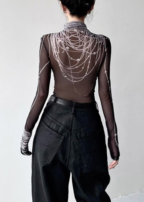 Boutique Black Turtleneck Pearl Print Tulle Top Spring